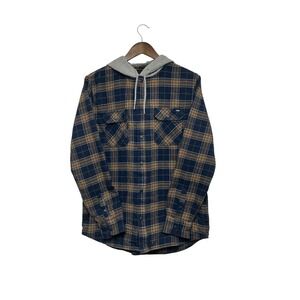 Vans Off The Wall Mens Plaid Hooded Flannel Shirt Navy Blue Tan Snap Front  M